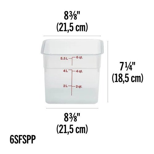 Cambro 6SFSPP190 CamSquares® Storage Container, 6qt, Square, Translucent, Polypropylene, 8-3/8(w) x 8-3/84(d) x 7-1/4(h) inch, NSF Listed - 6 each
