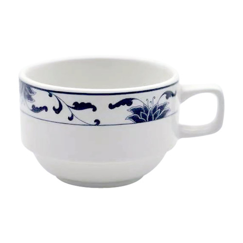 Cameo 255-80C Blue Lotus Stackable Coffee Cup, 8oz, White/Blue Ceramic - 36 each