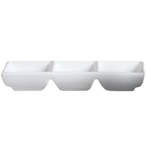 Cameo 710-027 Fusion Divided Rectangular Sauce Dish, (3)2oz, 7-1/2 inch, White Ceramic – 48 each