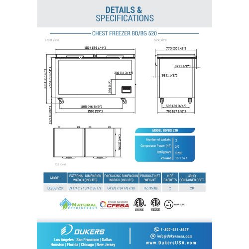 Dukers BD/BG-520 59-1/4(w) inch (2)Solid Top Door(s) Commercial Solid Top Chest Freezer, (2)Basket(s), 2/7hp, 110v/60/1, Casters, ETL Listed