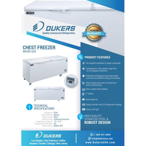 Dukers BD/BG-620 71-3/8(w) inch (2)Solid Top Door(s) Commercial Solid Top Chest Freezer, (2)Basket(s), 4/9hp, 110v/60/1, Casters, ETL Listed