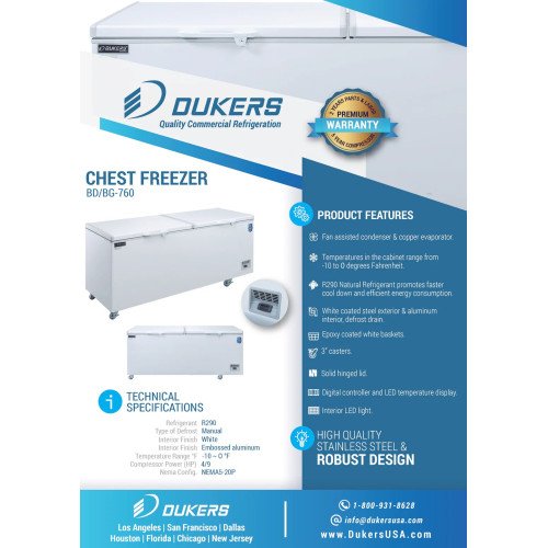Dukers BD/BG-760 83-5/8 inch wide (2)Solid Top Door(s) Commercial Solid Top Chest Freezer, (2)Basket(s), 4/9hp, 110v/60/1, Casters, ETL Listed