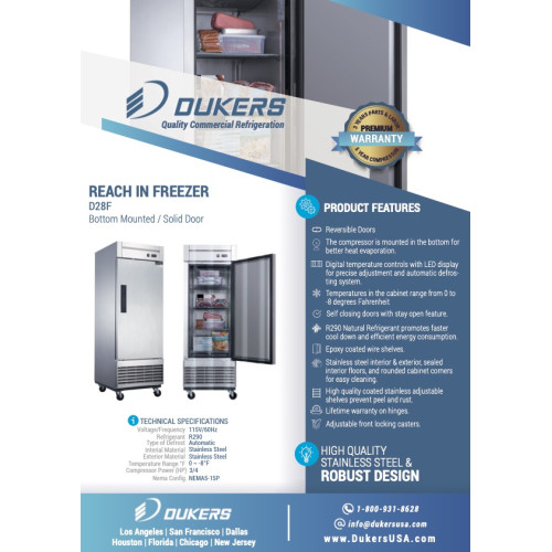 Dukers D28F 27-1/2(w) inch (1)Solid Swing Door(s) Bottom Mount Reach-Ins Upright Freezers, 17.79Cu.ft, (4)Shelve(s), 3/4hp, 115v/60/1-ph, Casters, ETL Listed
