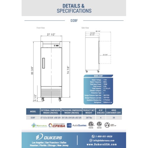 Dukers D28F 27-1/2(w) inch (1)Solid Swing Door(s) Bottom Mount Reach-Ins Upright Freezers, 17.79Cu.ft, (4)Shelve(s), 3/4hp, 115v/60/1-ph, Casters, ETL Listed