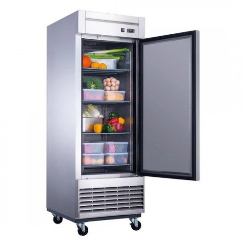 Dukers D28R 27-1/2(w) inch (1)Solid Swing Door(s) Bottom Mount Reach-in Upright Refrigerators, 17.79Cu.ft, (4)Shelve(s), 1/5hp, 115v/60/1, Casters, ETL Listed