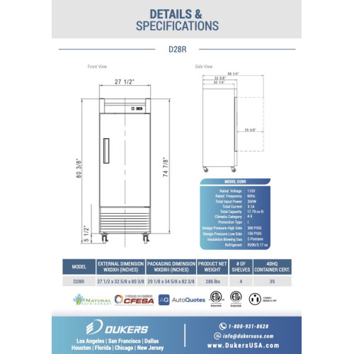 Dukers D28R 27-1/2(w) inch (1)Solid Swing Door(s) Bottom Mount Reach-in Upright Refrigerators, 17.79Cu.ft, (4)Shelve(s), 1/5hp, 115v/60/1, Casters, ETL Listed