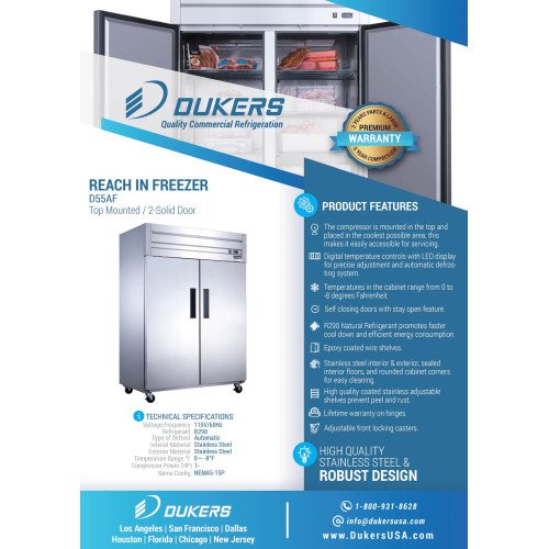 Dukers D55AF 55-1/8(w) inch (2)Solid Swing Door(s) Top Mount Reach-In Upright Freezers, 42.29Cu.ft, (8)Shelve(s), 1hp, 115v/60/1-ph, Casters, ETL Listed