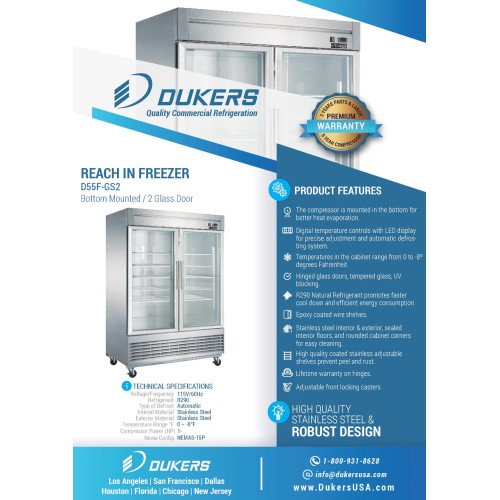 Dukers D55F-GS2 55-1/8(w) inch (2)Glass Swing Door(s) Bottom Mount Reach-in Upright Freezers, 41.62Cu.ft, (8)Shelve(s), 1hp, 115v/60/1-ph, Casters, ETL Listed