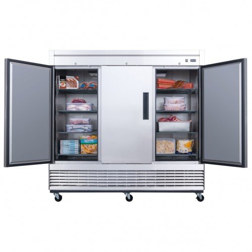 Dukers D83AR 82-5/8(w) inch (3)Solid Swing Door(s) Top Mount Reach-in Upright Refrigerators, 64.8Cu.ft, (12)Shelve(s), 1/2hp, 115v/60/1-ph, Casters, ETL Listed