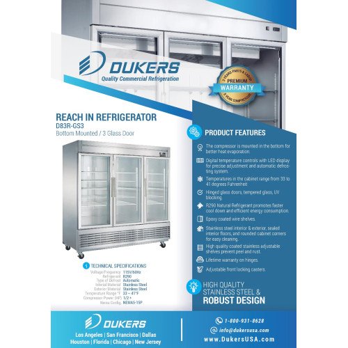 Dukers D83R-GS3 82-5/8(w) inch (3)Glass Swing Door(s) Bottom Mount Reach-in Upright Refrigerators, 65.16Cu.ft, (12)Shelve(s), 1/2hp, 115v/60/1-ph, Casters, ETL Listed