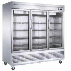 Dukers D83R-GS3 82-5/8(w) inch (3)Glass Swing Door(s) Bottom Mount Reach-in Upright Refrigerators, 65.16Cu.ft, (12)Shelve(s), 1/2hp, 115v/60/1-ph, Casters, ETL Listed