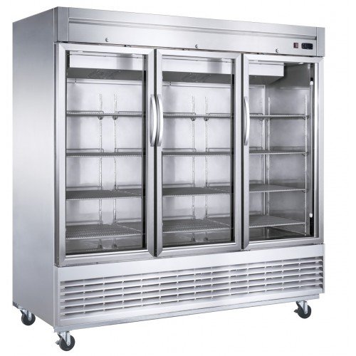 Dukers D83R-GS3 82-5/8(w) inch (3)Glass Swing Door(s) Bottom Mount Reach-in Upright Refrigerators, 65.16Cu.ft, (12)Shelve(s), 1/2hp, 115v/60/1-ph, Casters, ETL Listed