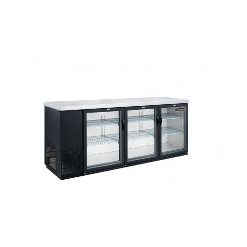 Dukers DBB72-H3 70-3/8(w) inch (3)Glass Swing Door(s) Back Bar Beverage Cooler, (6)Shelve(s), 19.20Cu.ft, Black, Casters, 1/3hp, 110v/60/1-ph, ETL Listed
