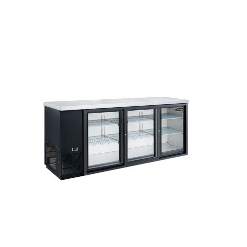 Dukers DBB72-S3 70-3/8(w) inch (3)Glass Sliding Door(s) Back Bar Beverage Cooler, (6)Shelve(s), 19.2Cu.ft, Black, Casters, 1/3hp, 110v/60/1-ph, ETL Listed