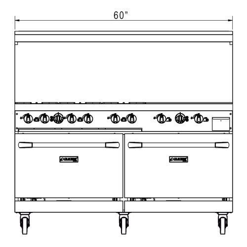 Dukers DCR60-4B36GM 60(w) inch (4)Open Burner(s) with 36 inch Right Griddle, (2)Standard Oven(s), Casters, Natural Gas, 286k Total BTU/Hr, CSA Listed
