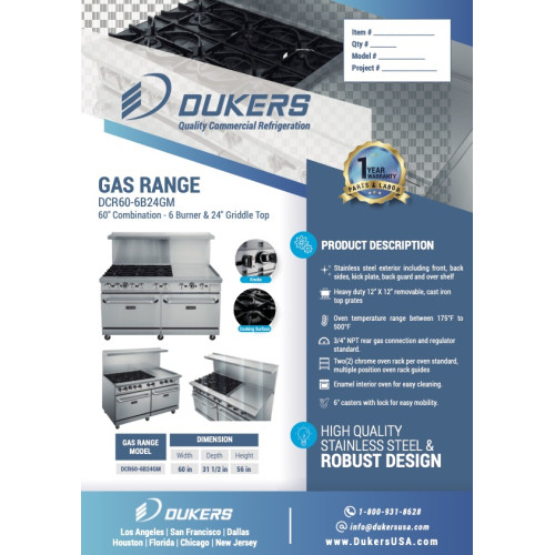 Dukers DCR60-4B36GM 60(w) inch (4)Open Burner(s) with 36 inch Right Griddle, (2)Standard Oven(s), Casters, Natural Gas, 286k Total BTU/Hr, CSA Listed