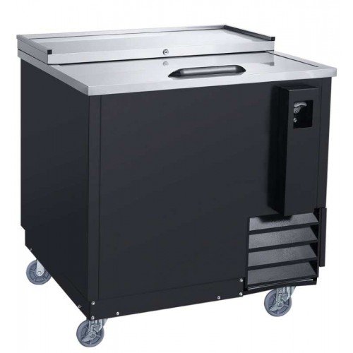 Dukers DHBC36 36-6/8(w) inch (1)Solid Sliding Lid(s) Refrigerated Bottle Cooler, 7.875Cu.ft, Black, Casters, 1/5hp, 110v/60/1-ph,  ETL Listed