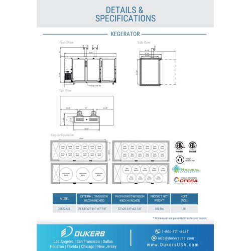 Dukers DKB72-M3 70-3/8(w) inch (3)Solid door(s) Dual Tap Kegerator Beer Dispenser, 1/4hp, 110v/60/1, Black, Casters, ETL Listed