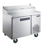 Dukers DPP44 44-1/4(w) inch (1)Solid Door(s) Refrigerated Pizza Top Prep Table, 9.88Cu.ft, (1)Shelve(s), (6)1/3 Pans(s), 1/5hp, 115v/60/1, Casters, ETL Listed