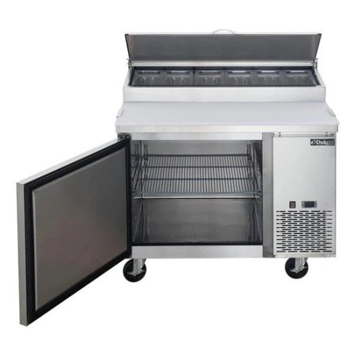 Dukers DPP44 44-1/4(w) inch (1)Solid Door(s) Refrigerated Pizza Top Prep Table, 9.88Cu.ft, (1)Shelve(s), (6)1/3 Pans(s), 1/5hp, 115v/60/1, Casters, ETL Listed