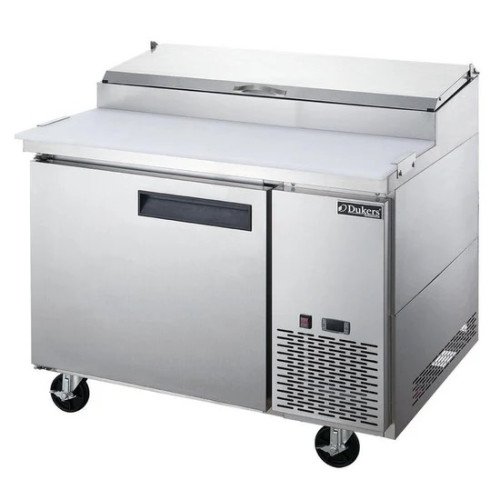 Dukers DPP44 44-1/4(w) inch (1)Solid Door(s) Refrigerated Pizza Top Prep Table, 9.88Cu.ft, (1)Shelve(s), (6)1/3 Pans(s), 1/5hp, 115v/60/1, Casters, ETL Listed