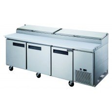 Dukers DPP90 90-3/8(w) inch (3)Solid Swing Door(s) Refrigerated Pizza Prep Table, 24.89Cu.ft, (3)Shelve(s), (12)1/3 Pan(s), 1/2hp, 115v/60/1-ph, Casters, ETL Listed