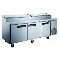Dukers DPP90 90-3/8(w) inch (3)Solid Swing Door(s) Refrigerated Pizza Prep Table, 24.89Cu.ft, (3)Shelve(s), (12)1/3 Pan(s), 1/2hp, 115v/60/1-ph, Casters, ETL Listed