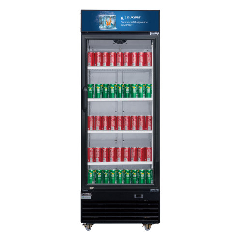 Dukers DSM-19R 29-1/2(w) inch (1)Glass Swing Door(s) Bottom Mount Merchandiser Refrigerators, Black, (5)Shelve(s), 18.72Cu.ft, 1/3hp, 115v/60/1-ph, Casters, ETL Listed