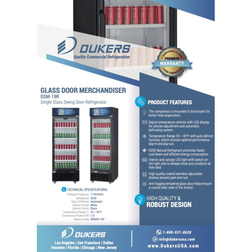 Dukers DSM-19R 29-1/2(w) inch (1)Glass Swing Door(s) Bottom Mount Merchandiser Refrigerators, Black, (5)Shelve(s), 18.72Cu.ft, 1/3hp, 115v/60/1-ph, Casters, ETL Listed