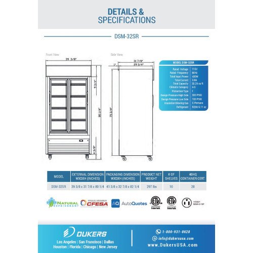 Dukers DSM-32SR 39-3/8(w) inch (2)Glass Sliding Door(s) Bottom Mount Merchandiser Refrigerator, 33.29Cu.ft, (10)Shelves(s), 1/3hp, 115v/60/1-ph, Casters, ETL Listed