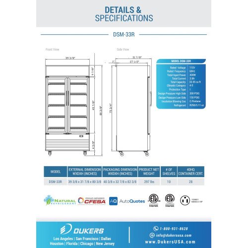 Dukers DSM-33R 39-3/8(wide) inch (2)Glass Swing Door(s) Bottom Mount Merchandiser Refrigerators, (10)Shelve(s), 33.55Cu.ft, 1/3hp, 115v/60/1-ph, Casters, ETL Listed