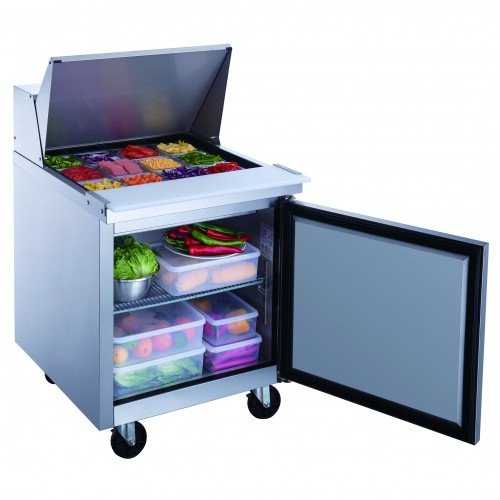 Dukers DSP29-12M-S1 29-1/8(w) inch (1)Solid Swing Door(s) Refrigerated Mega Top Sandwich Prep Table, 6.56Cu.ft, (12)1/6 Pan(s), (1)Shelve(s), Casters, 1/5hp, 110v/60/1-ph, ETL Listed