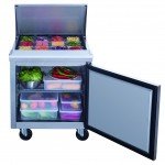 Dukers DSP29-12M-S1 29-1/8(w) inch (1)Solid Swing Door(s) Refrigerated Mega Top Sandwich Prep Table, 6.56Cu.ft, (12)1/6 Pan(s), (1)Shelve(s), Casters, 1/5hp, 110v/60/1-ph, ETL Listed