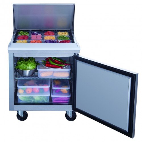 Dukers DSP29-12M-S1 29-1/8(w) inch (1)Solid Swing Door(s) Refrigerated Mega Top Sandwich Prep Table, 6.56Cu.ft, (12)1/6 Pan(s), (1)Shelve(s), Casters, 1/5hp, 110v/60/1-ph, ETL Listed