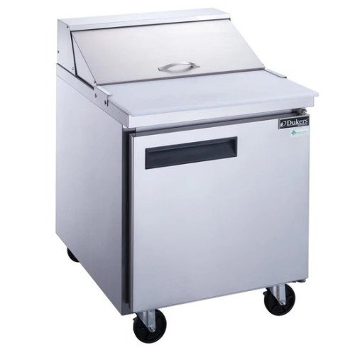 Dukers DSP29-8-S1 29-1/8(w) inch (1)Solid Door(s) Refrigerated Standard Top Sandwich Prep Table, 6.56Cu.ft, (8)1/6 Pan(s), (1)Shelve(s), Casters, 1/5 hp, 115v/60/1, ETL Listed