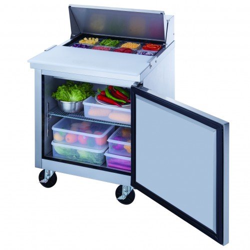 Dukers DSP29-8-S1 29-1/8(w) inch (1)Solid Swing Door(s) Refrigerated Standard Top Sandwich Prep Table, 6.56Cu.ft, (8)1/6 Pan(s), (1)Shelve(s), Casters, 1/5 hp, 115v/60/1-ph, ETL Listed
