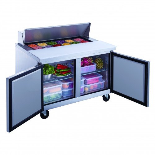 Dukers DSP48-12-S2 48-1/4(w) inch (2)Solid Swing Door(s) Refrigerated Standard Top Sandwich Prep Table, 11.47Cu.ft, (12)1/6 Pan(s), (2)Shelve(s), Casters, 1/5hp, 115v/60/1-ph,  ETL Listed