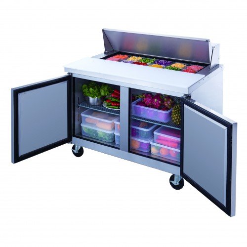 Dukers DSP48-12-S2 48-1/4(w) inch (2)Solid Swing Door(s) Refrigerated Standard Top Sandwich Prep Table, 11.47Cu.ft, (12)1/6 Pan(s), (2)Shelve(s), Casters, 1/5hp, 115v/60/1-ph,  ETL Listed