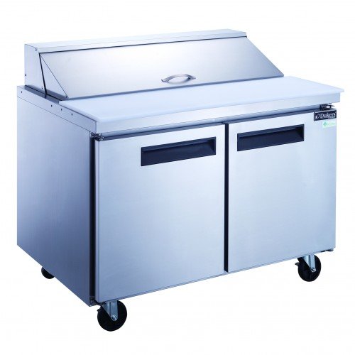 Dukers DSP48-12-S2 48-1/4(w) inch (2)Solid Swing Door(s) Refrigerated Standard Top Sandwich Prep Table, 11.47Cu.ft, (12)1/6 Pan(s), (2)Shelve(s), Casters, 1/5hp, 115v/60/1-ph,  ETL Listed