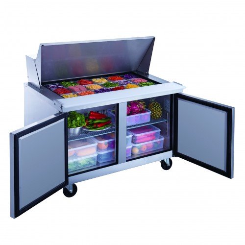 Dukers DSP48-18M-S2 48-1/4(w) inch (2)Solid Swing Door(s) Refrigerated Mega Top Sandwich Prep Table, 11.47Cu.ft, (18)1/6 Pan(s), (2)Shelve(s), 1/5hp, 110v/60/1-ph, Casters, ETL Listed