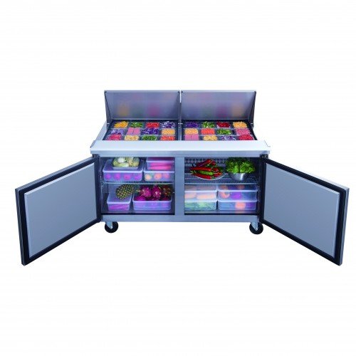 Dukers DSP60-24M-S2 60-1/8(w) inch (2)Solid Swing Door(s) Refrigerated Mega Top Sandwich Prep Table, 14.33Cu.ft, (24)1/6 Pan(s), (2)Shelve(s), Casters, 1/5hp, 110v/60/1-ph, ETL Listed