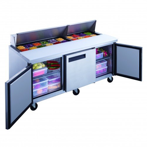 Dukers DSP72-18-S3 72-1/2(w) inch (3)Solid Swing Door(s) Refrigerated Standard Top Sandwich Prep Table, 17.58Cu.ft, (18)1/6 Pan(s), (3)Shelve(s), Casters, 1/3hp, 115/60/1-ph, ETL Listed