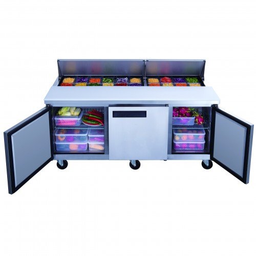 Dukers DSP72-18-S3 72-1/2(w) inch (3)Solid Swing Door(s) Refrigerated Standard Top Sandwich Prep Table, 17.58Cu.ft, (18)1/6 Pan(s), (3)Shelve(s), Casters, 1/3hp, 115/60/1-ph, ETL Listed