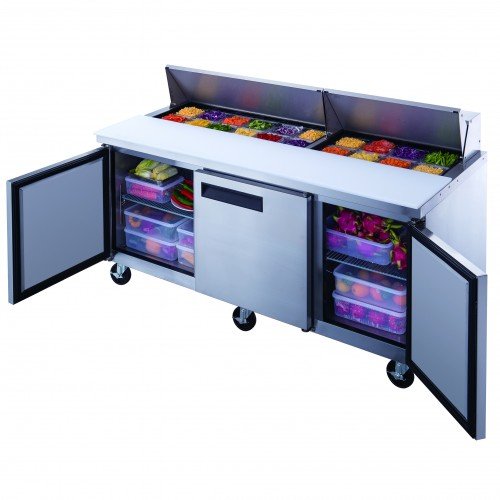 Dukers DSP72-18-S3 72-1/2(w) inch (3)Solid Swing Door(s) Refrigerated Standard Top Sandwich Prep Table, 17.58Cu.ft, (18)1/6 Pan(s), (3)Shelve(s), Casters, 1/3hp, 115/60/1-ph, ETL Listed