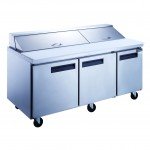 Dukers DSP72-18-S3 72-1/2(w) inch (3)Solid Swing Door(s) Refrigerated Standard Top Sandwich Prep Table, 17.58Cu.ft, (18)1/6 Pan(s), (3)Shelve(s), Casters, 1/3hp, 115/60/1-ph, ETL Listed