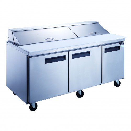Dukers DSP72-18-S3 72-1/2(w) inch (3)Solid Swing Door(s) Refrigerated Standard Top Sandwich Prep Table, 17.58Cu.ft, (18)1/6 Pan(s), (3)Shelve(s), Casters, 1/3hp, 115/60/1-ph, ETL Listed