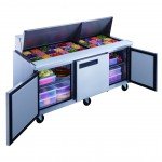 Dukers DSP72-30M-S3 72-1/2(W) inch (3)Solid Swing Door(s) Refrigerated Mega Top Sandwich Prep Table, 17.58Cu.ft, (30)1/6 Pan(s), (3)Shelve(s), 1/3hp, 110v/60/1-ph, Casters, ETL Listed