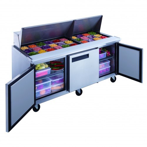 Dukers DSP72-30M-S3 72-1/2(W) inch (3)Solid Swing Door(s) Refrigerated Mega Top Sandwich Prep Table, 17.58Cu.ft, (30)1/6 Pan(s), (3)Shelve(s), 1/3hp, 110v/60/1-ph, Casters, ETL Listed