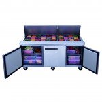 Dukers DSP72-30M-S3 72-1/2(W) inch (3)Solid Swing Door(s) Refrigerated Mega Top Sandwich Prep Table, 17.58Cu.ft, (30)1/6 Pan(s), (3)Shelve(s), 1/3hp, 110v/60/1-ph, Casters, ETL Listed