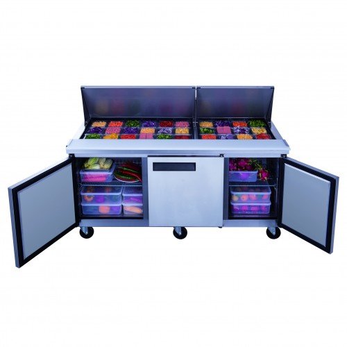 Dukers DSP72-30M-S3 72-1/2(W) inch (3)Solid Swing Door(s) Refrigerated Mega Top Sandwich Prep Table, 17.58Cu.ft, (30)1/6 Pan(s), (3)Shelve(s), 1/3hp, 110v/60/1-ph, Casters, ETL Listed